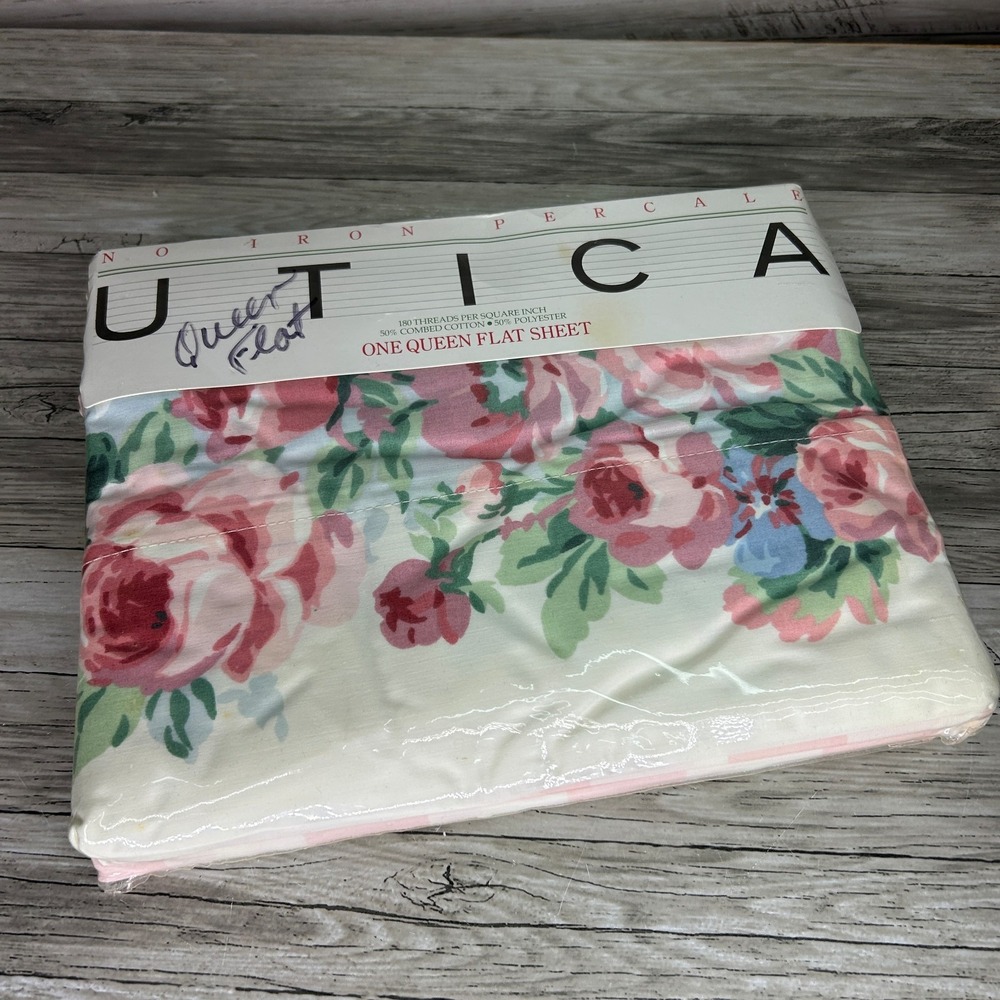 Utica Brideshead II Rose Floral Queen Flat Sheet NOS Vintage No Iron Fabric